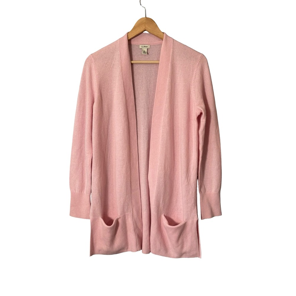 LL Bean Cashmere Cardigan Sweater Medium Pink Open Front Longline 100% Cashmere